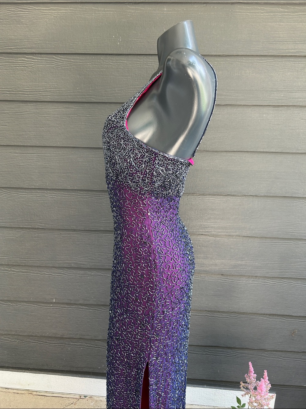 Vintage 90s Cache Gold Label Silk Beaded Maxi Gown Pageant / Prom Dress - Picture 5 of 16